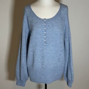 Lauren Conrad LC Blue Pointelle Knit Balloon Sleeve Sweater Womens Size Large